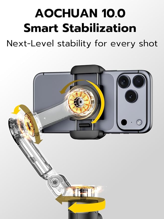 AOCHUAN 3-Axis Gimbal Stabilizer for iPhone w/360° Face Tracking, Smartphone Gimbal w/One-Tap Open Tripod, Gesture Control, Phone Stabilizer w/Magnetic Remote Control & 20" Extension Rod,Smart X3