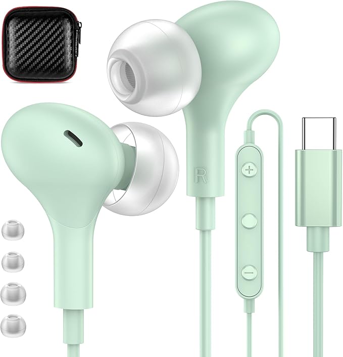 APETOO USB C Headphones for iPhone 17 16 15 Plus iPad 10th Wired Earbuds for Samsung S26 S25 S24 S23 S22 Magnetic Noise Canceling in-Ear Type C Earphones with Mic Volume Control for Pixel 9 8 7, Mint
