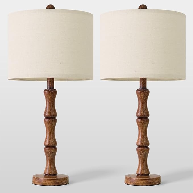 BOBOMOMO 25" Rustic Table Lamps Set of 2, Farmhouse Nightstand Lamps with Wood Grain Resin Base & Linen Shade, Standard Table Lamps for Bedroom, Living Room, End Table & House Décor