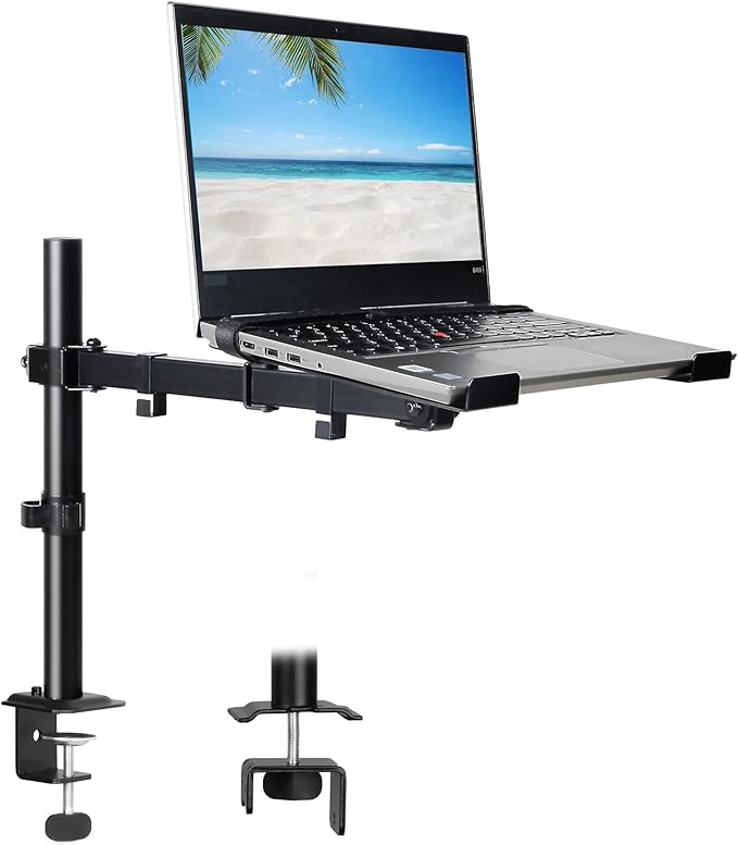 UPGRAVITY Laptop Desk Mount, Single Laptop Stand Arm with Vented Tray for 17 inch Notebook or 14”-32” Monitor, Holds up to 17.6 lbs, Fully Adjustable, Clamp/Grommet Mounting, VESA 75/100mm