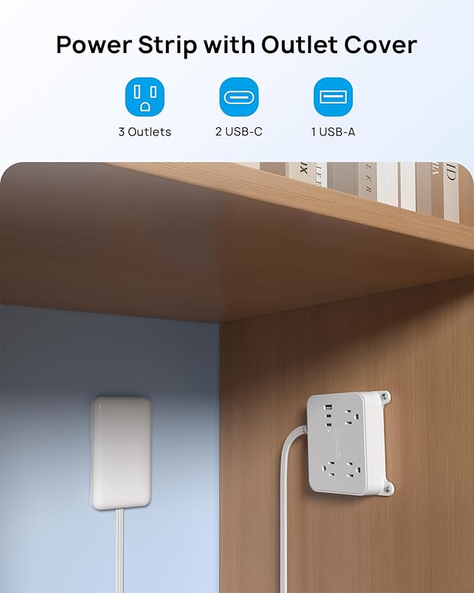 TROND Flat Outlet Cover Extension Cord, 3 AC Widely Spaced with 2 USB C Charger, 5FT Plug Concealer Power Strip, Wall Mount Behind TV, Hidden Under in-Drawer Desk Cabinet Vanity Counter