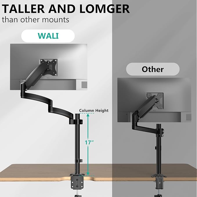 WALI Single Long Monitor Arm - Computer Monitor Arm Desk Mount for 13-32 inch, Hold up to 19.8lbs, Extra Long Adjustable Stand, Full Motion Tall Arm, VESA 75/100mm, (GSDM001L)