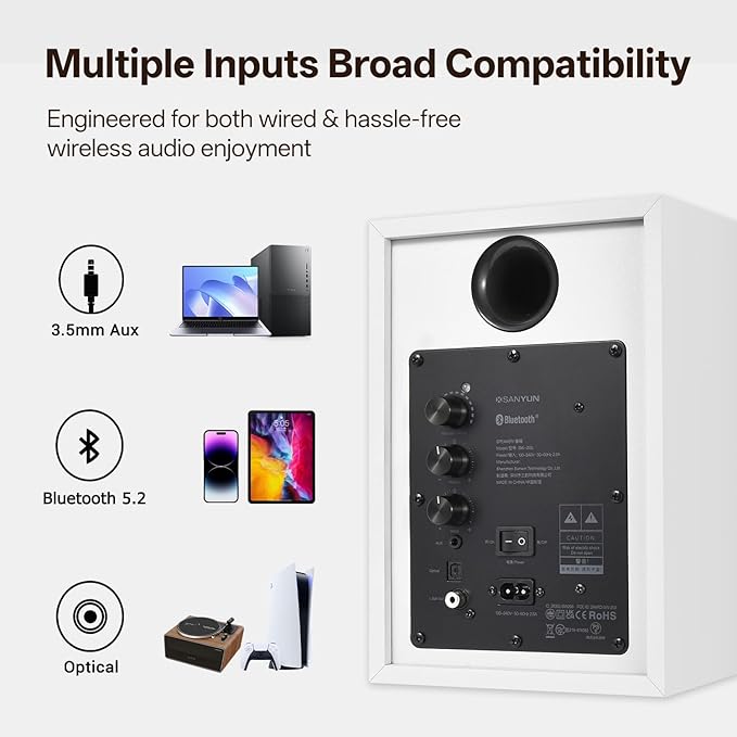 Sanyun SW205 4" 80W HiFi Bookshelf Speakers, 2.0 Active Near Field Studio Monitor, Upgraded 3D Sound Field, Flagship DAC & DSP, Geometric Diffusion Cabinet, Bluetooth 5.4/Optical/AUX, White