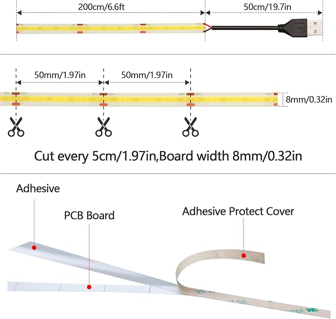 DC 5V USB COB LED Strip Light Warm White 3000K Dimmable IP65 Waterproof CRI 93+ USB Powered 6.6ft/2M 640LEDs High Brightness Flexible LED Tape Lights