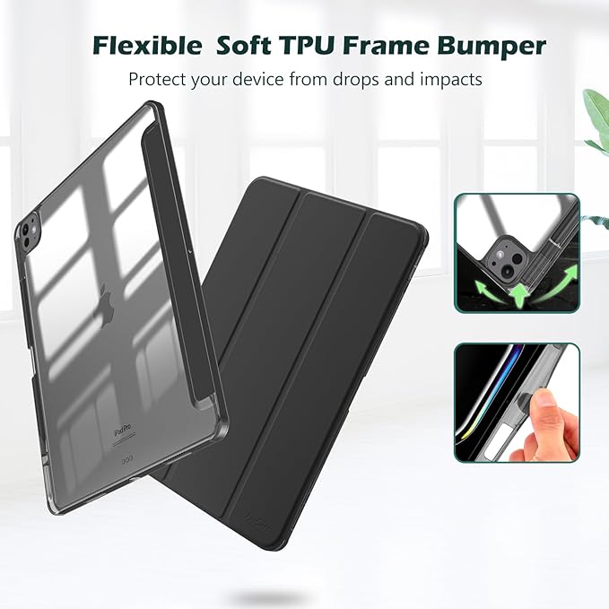 ProCase for iPad Pro 13 Inch Case M5 2025/ M4 2024 with Pencil Holder, Slim Stand Clear Shell Back, Shockproof Cover iPad Pro M5 M4 Case 13 Inch, Supports Touch ID, Auto Wake/Sleep -Black
