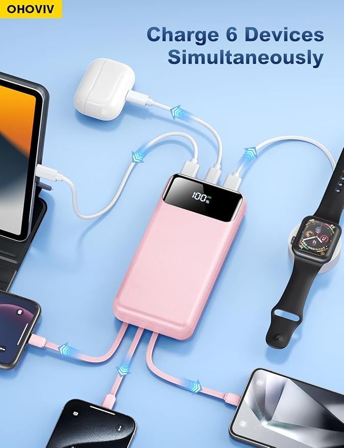 OHOVIV Portable Charger Power Bank 50000mAh Battery Pack, 22.5W Fast Charging PowerBank with Built in Cables,Travel Essential USB-C Portable Phone Charger for iPhone Samsung Pixel Android iPad-Pink