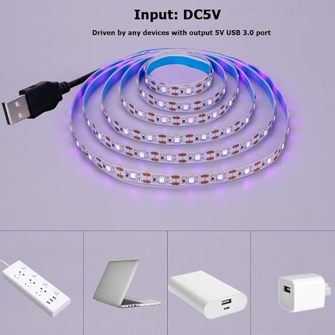 5V USB Purple 395-400nm LED Strip USB Powered 13.12ft/4M 240LEDs Flexible SMD2835 Black Light No-Waterproof IP20 LED Tape Lights (2pcs x 6.6ft)