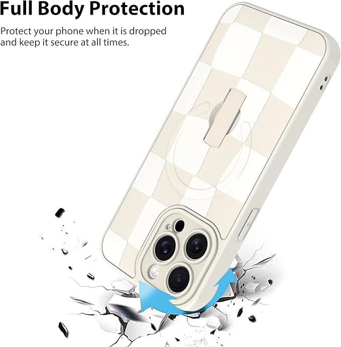 KANGHAR Compatible with iPhone 15 Pro Case, Support for MagSafe, Silicone Checkered Cute Pattern, Wristband Kickstand Camera Protection Soft Slim Cover for Girls Women -White