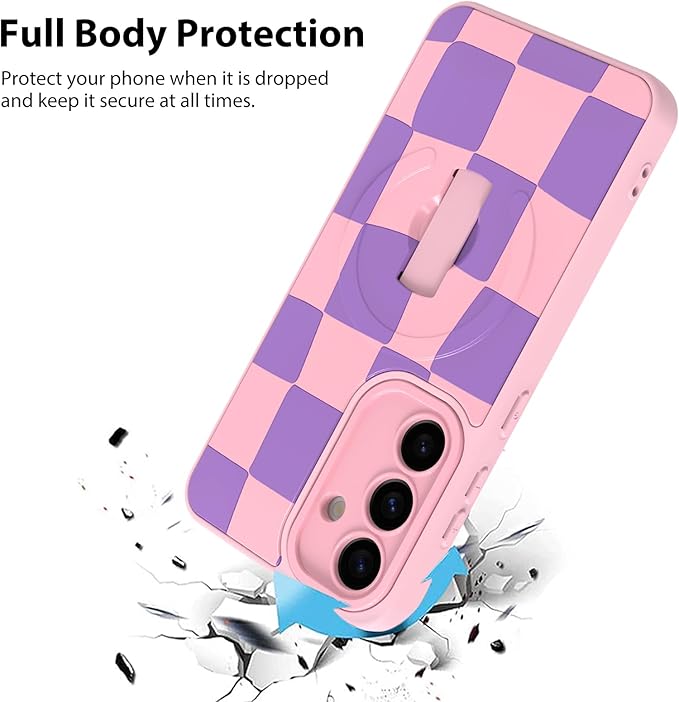 KANGHAR Compatible with Samsung Galaxy S25 Case, Support for MagSafe, Silicone Checkered Cute Pattern, Wristband Kickstand Camera Protection Soft Slim Cover for Girls Women -Pink