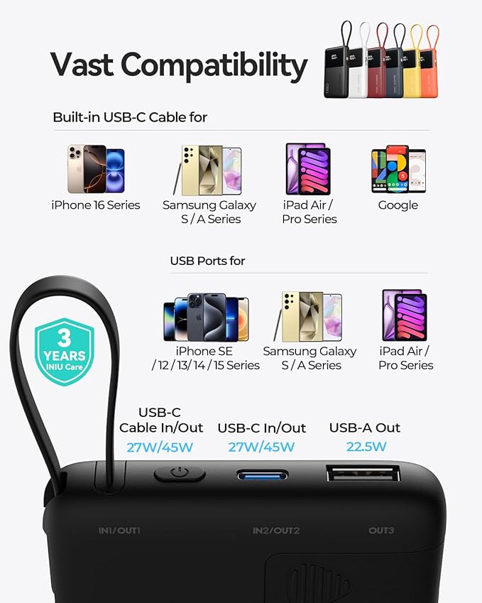 INIU 45W Power Bank, Slimmest 10000mAh Portable Charger with Built in USB-C Cable, Fast Charging USB C in&Out Battery Pack, Travel External Phone Charger for iPhone 17 16 15 Samsung S24 S23 Google etc