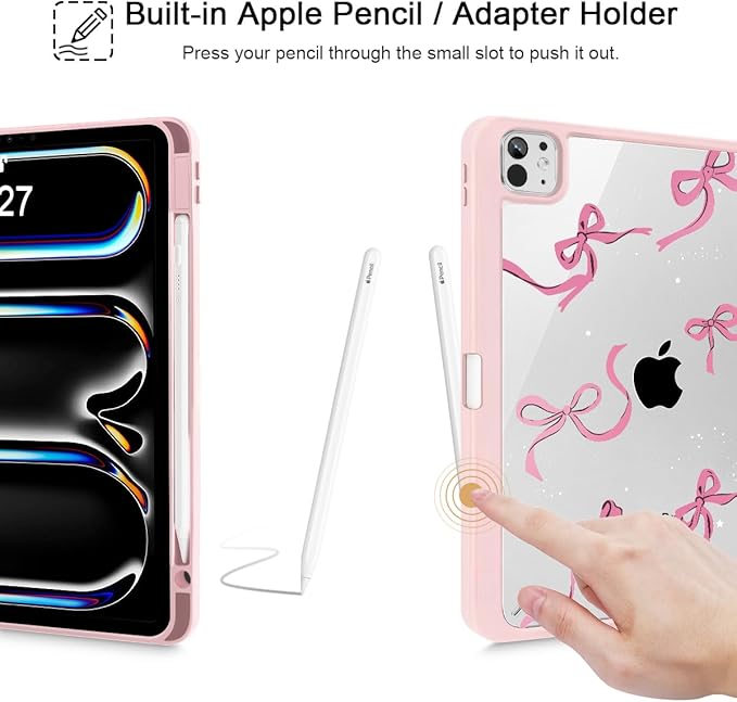 May Chen for iPad Pro 13 Inch Case M5 2025 / M4 2024, Built Pencil Holder & Clear Transparent Print Back Shell Slim Stand Shockproof Tablet Cover, Auto Wake/Sleep, Pink Bows