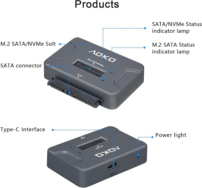 AOKO NVMe to USB 3.2(10Gbps) SSD Reader Docking Station – Portable M.2 SSD to USB Adapter External NVMe SSD Enclosure for M.2 PCIe NVMe and M.2 SATA SSD, Compatible with 2.5'' SATA Dirve