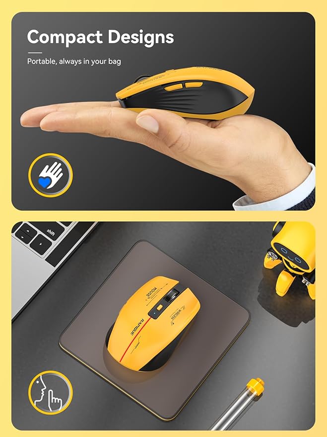 RAPIQUE Bluetooth Wireless Mouse - (BT1/BT2+USB Receiver) Tri-Device Compatibility for PC, Laptop, Computer, MacBook, Tablet (Black and Yellow)