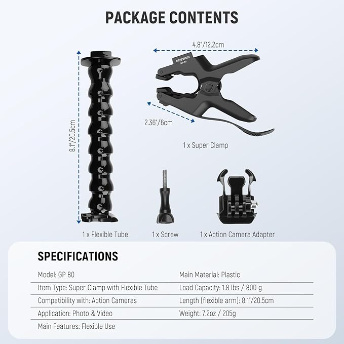 NEEWER Flexible Clamp Mount Compatible with GoPro DJI Action Cameras, Jaw Flex Super Clamp Holder, Desk Pole Clip Mount with Tube & Adapter Accessories for Photography & Video Recording, GP-80
