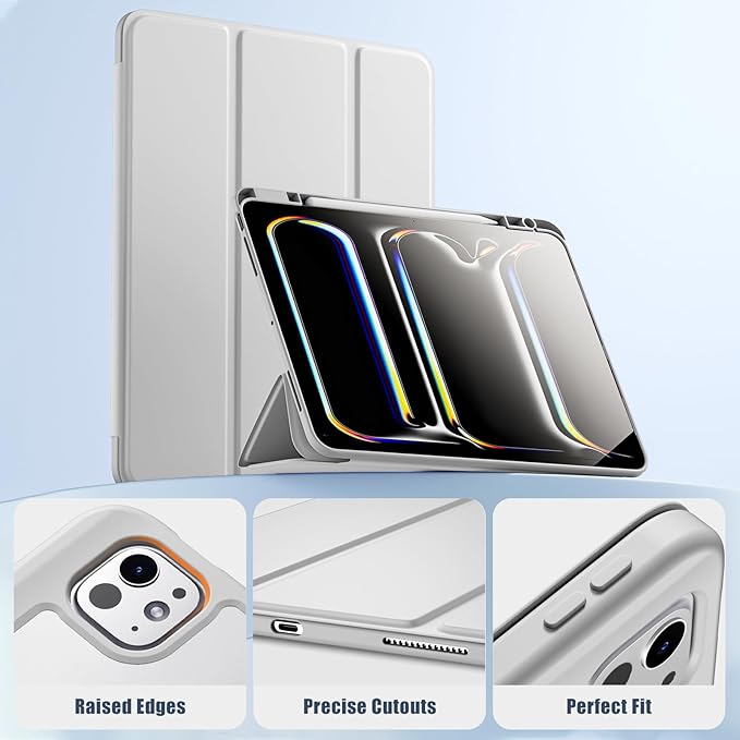 New Compatible with iPad Pro 13 inch Case M5 2025/M4 2024 with Built-in Pencil Holder, Kidopire for iPad Pro 13 Case with Hard Clear Back Shell, Support Pencil Pro, Auto Wake/Sleep, Light Gray