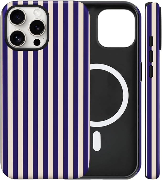 Magnetic for iPhone 14 Pro Max Case Cute Stripes Phone Case, Shockproof Slim TPU and Hard PC Protective Phone Cover Compatible with MagSafe Designed for Women Girls, Deep Purple