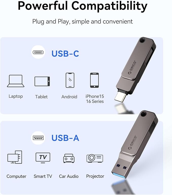 ORICO 32GB Dual USB-C USB-A Flash Drive 150MB/s High Speed USB 3.0 Memory Stick, Zinc Alloy Rotating Design, Compatible with iPhone 15/16/17, Android, Mac, PC, Car Audio – Plug & Play