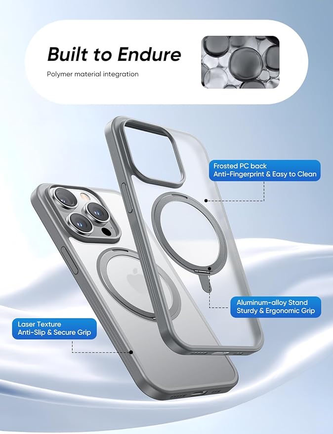 MAGIC JOHN 360° Rotatable Magnetic Invisible Stand for iPhone 14 Pro Case [Anti-Slip Grip] [Compatible with MagSafe] 16FT Shockproof for iPhone 14 Pro Case with Kickstand, Gray