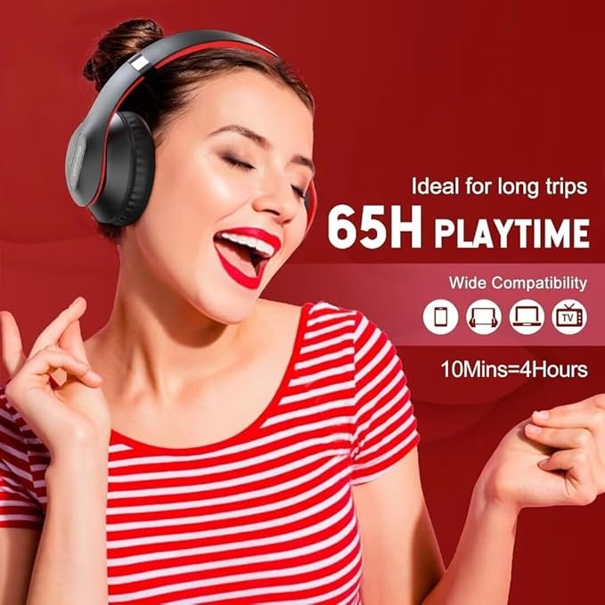 Wireless Bluetooth Headphones Over Ear 65H Playtime HiFi Stereo Headset with Microphone and 6EQ Modes Foldable Bluetooth 6.0 Headphones for Travel Smartphone Computer Laptop