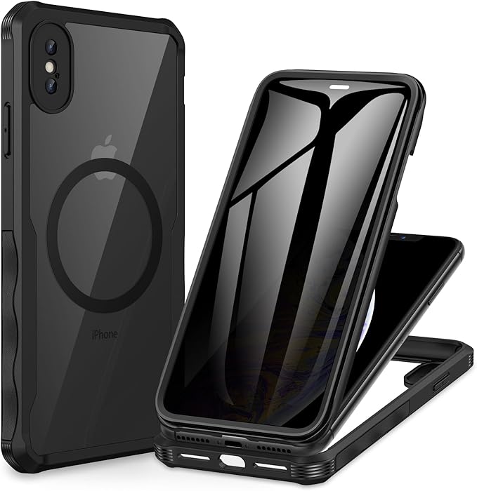 CENHUFO Privacy Magnetic for iPhone Xs Max Case, Full Body Phone Case Built-in 9H Tempered Glass Privacy Screen Protector [Compatible with Magsafe] Shockproof Protective Bumper Clear Cover - Black