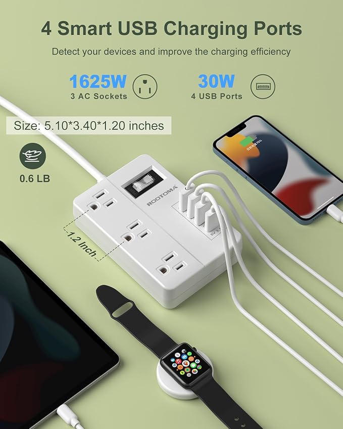 PD 30W 2 Prong Power Strip with USB-C, ROOTOMA 2 Prong to 3 Prong Outlet Adapter with Switch on Off, 3 Outlet & 4 USB Ports, 3 Prong Adapter 4ft, for Polarized Three Prong Adapter Plug, White