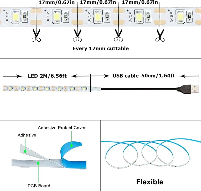 5V USB Blue 460-465nm LED Strip Light USB Powered 13.12ft/4M 240LEDs Flexible SMD2835 High Brightness No-Waterproof IP20 LED Tape Lights(2pcs x 6.6ft)
