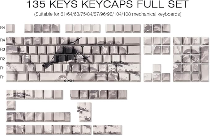 Tsungup PBT Side Print Keycaps,135 Keys Dye Sub Shine Through Keycap Set,Gray White Inked Bird Custom Key caps Cherry Profile Keycaps for Cherry MX Switches Mechanical Keyboards