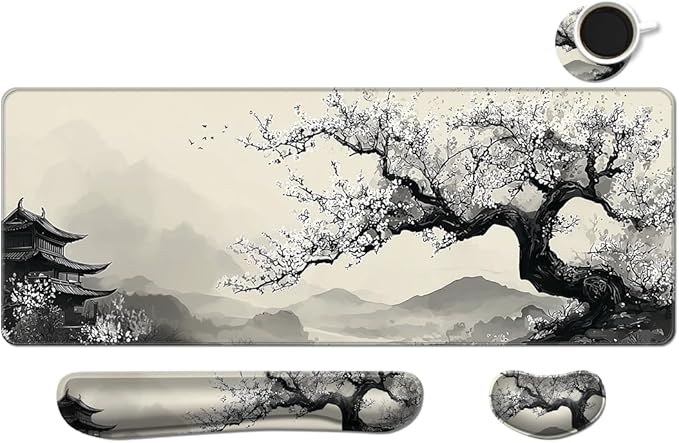 Desk Mat, Large Gaming Mouse Pad with Wrist Rest, 4 in1 XXL Mouse pad+Keyboard Wrist Rest+Mouse Pad Wrist Support+Cup Coaster Set, Ergonomic Desk Pad for Home Office, Japanese Cherry