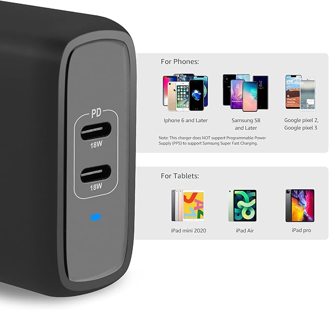 Amazon Basics 36W Dual Port USB-C Wall Charger with Power Delivery, Foldable Plug, for Tablets & Phones (iPhone 15/14/13/12/11/X, iPad, Samsung, and More), Non-PPS, 2.34 x 2.21 x 1.09 inches, Black