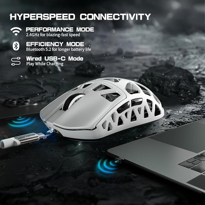 FELICON x Attack Shark R3 Magnesium Alloy Wireless Gaming Mouse, 46g Ultra-Lightweight Skeletal Shell, PAW3395 26K DPI, 8K Polling, Tri-Mode 2.4G/BT/Wired, for PC Mac Laptop - White