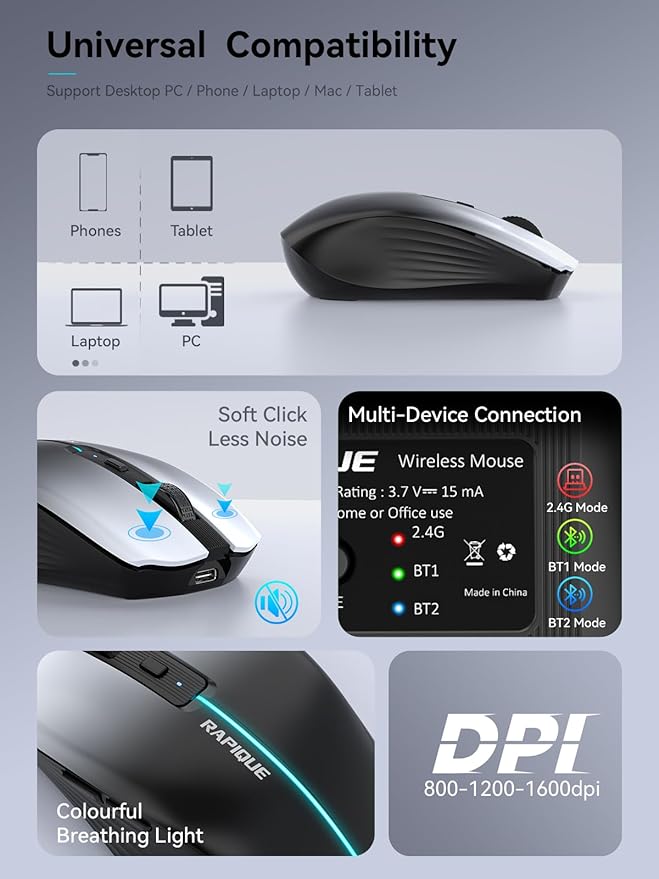 RAPIQUE Bluetooth Wireless Mouse – White to Black Gradient, Dual Bluetooth 5.1 & 2.4G Connectivity, Silent Click, Rechargeable, Ergonomic 6-Button for Windows/MacOS/Android/Laptop/MacBook/iPad