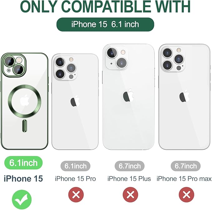 Hython Magnetic Clear for iPhone 15 Case with Camera Lens Protector [Compatible with MagSafe] Luxury Plating Edge Slim Soft TPU Cover Protective Phone Case for iPhone 15 6.1", Deep Green