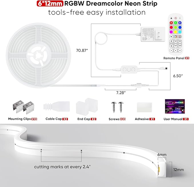 Shine Decor 24V Smart Neon Rope Lights, RGBW Silicone Neon Light Remote APP WiFi Control Music Sync, RGB+Warm White Changing Dimmable LED Neon Strip 16.4FT Flexible Waterproof for Indoor Outdoor