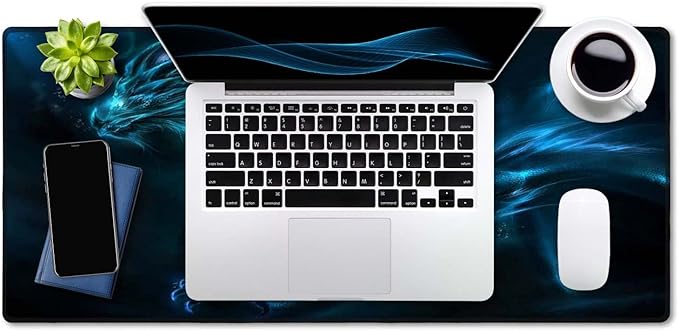 SSOIU Extended Mouse Pad, XXL Gaming Mouse Pads, Large Big Mousepad Laptop Computer Keyboard Mat Desk Pad with Non-Slip Base Stitched Edge for Gaming Office, 35.5 x 15.7 inch, Blue Dragon