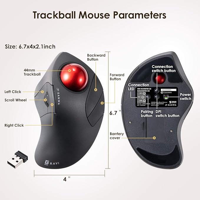 SANWA Bluetooth 5.1 + 2.4 G Wireless Ergonomic Trackball Mouse, Finger Control Roller Ball Mouse, 3 Device Switch, Silent Programmable Buttons, 1000/1600/2400 DPl, Compatible with PC, Windows, MacOS
