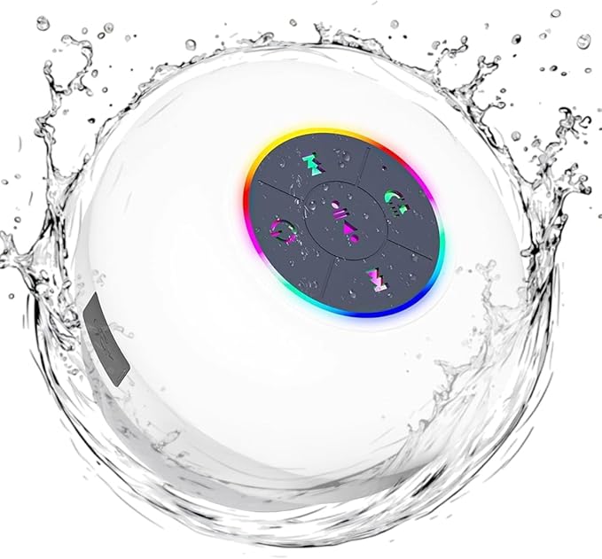 Bluetooth Shower Speaker with LED – Portable Wireless Mini Speaker with Mic & Suction Cup, IPX4 Water Resistant for Shower, Travel, Pool, River Floating, and Outdoor Fun (White)