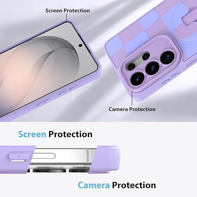 KANGHAR Compatible with Samsung Galaxy S26 Ultra Case, Support for MagSafe, Silicone Checkered Cute Pattern, Wristband Kickstand Camera Protection Soft Slim Cover for Girls Women -Purple
