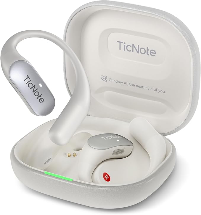 Mobvoi TicNote Pods Wearable AI Voice Recorder with 4G, No Phone Needed, Voice Activated, AI Transcription & Translation,Auto Transcription & Meeting Notes,120+ Languages, 5-Hour Battery, White