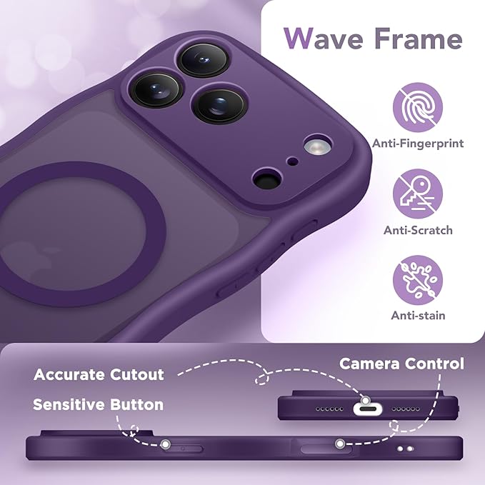 CAPRARO Magnetic for iPhone 17 Pro Case for Women Girls, Upgraded [Full Camera Protection] [Compatible with MagSafe] Cute Wave Translucent Matte Phone Case for iPhone 17 Pro, Deep Purple