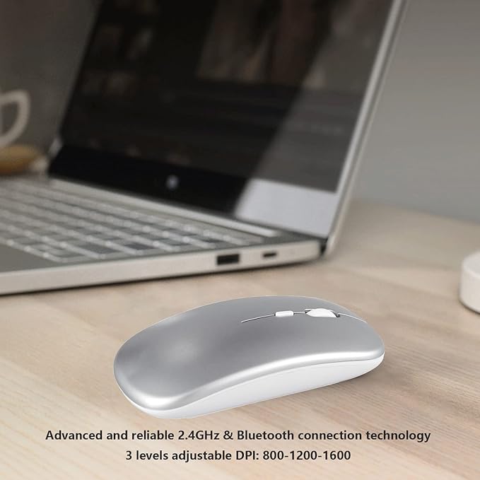 Wireless Bluetooth Mouse for Apple iPad iPhone MacBook Android Samsung Tablet Phone Dual-Mode Rechargeable 2.4G Portable Computer Mice for Windows Laptop Notebook PC Mac Desktop USB Receiver (Silver)