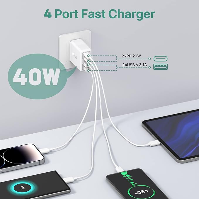 SCCVEE USB C Wall Charger, 40W 4-Port USB C Charger Block, Fast Charging Block Dual Port PD+QC Wall Plug Multiport Type C for iPhone 16/1514/13/12/11/Pro Max/XS/XR/8/7, iPad, Samsung Phone, Tablet