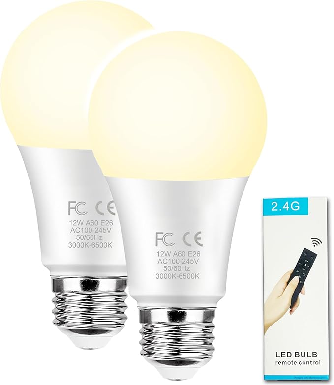 GRV 12W A60 Smart Light Bulb with a 2.4GHz Remote Control,Stepless Dimmable 2700-6500K,100W Incandescent Lamp Equivalent,1000LM CRI>80,E26 Base,Home Decor,2 Bulb & 1Remote