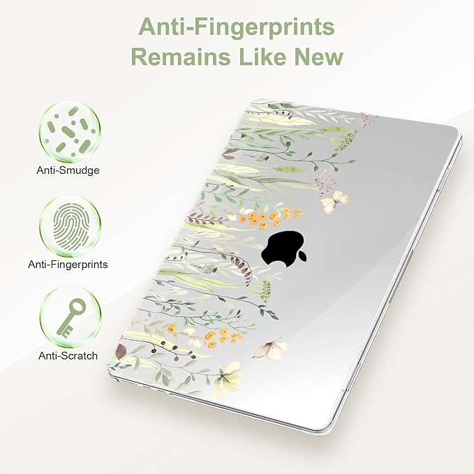 G JGOO Compatible with MacBook Air 13 inch Case 2026 2025-2022 M5 A3449 M4 A3240 M3 A3113 M2 A2681, Clear Hard Shell for MacBook Air 13.6 inch Case +Keyboard Cover +Screen Protector, Green Plant
