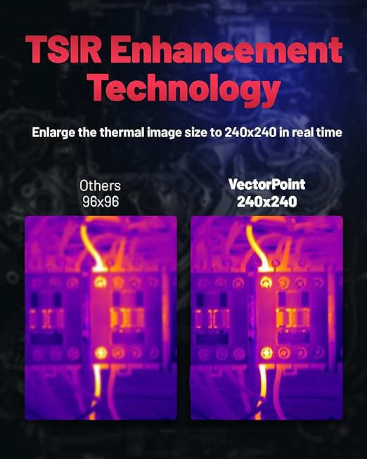Thermal Camera, 240 x 240 TSIR Imaging Resolution, -4°F to 1022°F, 18-Hour Battery Life, 25Hz Mini Handheld Infrared Camera, 2.8" Screen, LED Lamp, 16 GB, Temp Alerts, Auto Shutdown, IP54 VectorPoint
