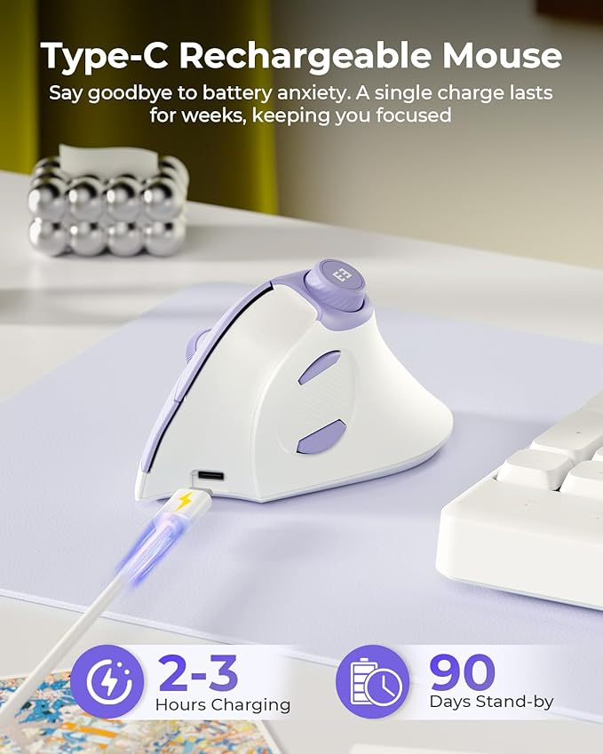 seenda Ergonomic Mouse Wireless, MOU-302 Bluetooth Vertical Mouse Rechargeable, Volume Knob, Silent Mice & 1000/1600/2400 DPI, 3 Multi-Device Connection for Windows/PC/Laptop/Mac/MacBook, White Purple