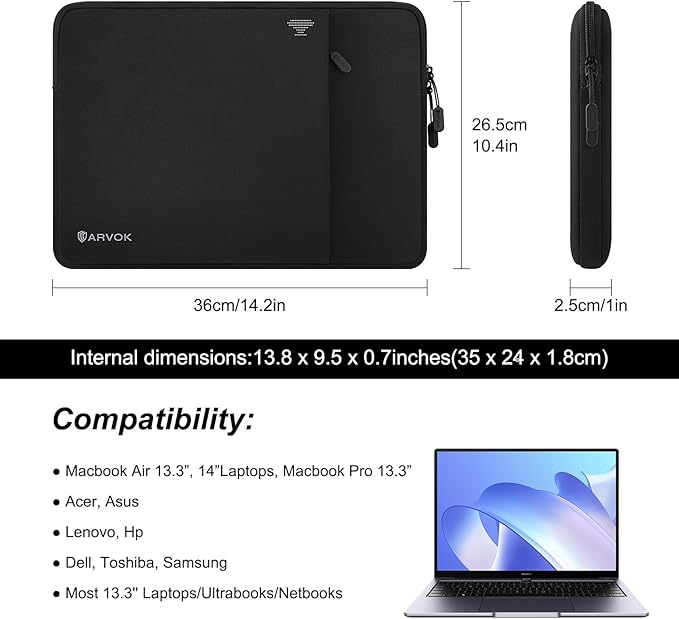 ARVOK 13 13.3 14 Inch Laptop Sleeve with Front Pocket, Shockproof 360 Protective Laptop Case Briefcase Handbag, Computer Carrying Bag Compatible with MacBook Air/Pro, Lenovo/HP/Dell/Asus/Acer, Black