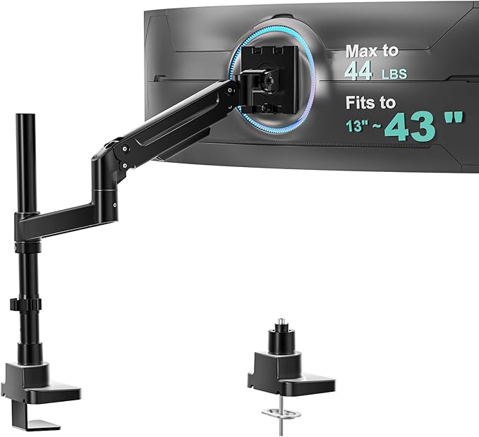 WALI Heavy Duty Monitor Arm Desk Mount for 13-43 Inch Ultrawide Screens, Single Monitor Arm with Full Motion Tilt, Swivel, Rotation, Holds up to 44 lbs, C-Clamp Mount for VESA 75/100mm (GSDM001-P)
