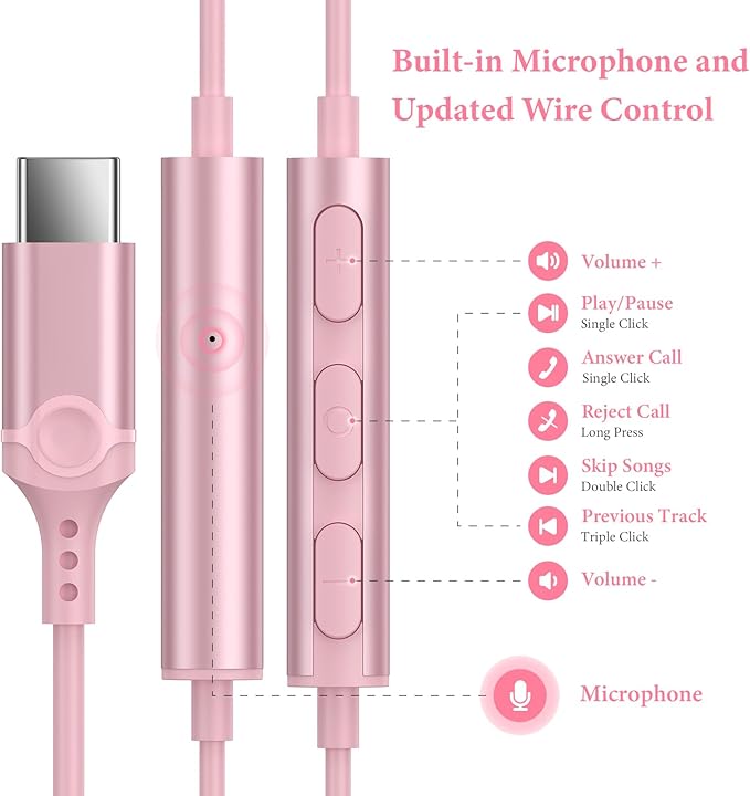 APETOO USB C Headphones for iPhone 15 Plus 16 17 Pro Max iPad Pro USB-C Wired Earbuds with Microphone Volume Control HiFi Stereo Type C Earphones for Galaxy S26 S25/S24/S23/S22, Pixel 10 9 8 7 6, Pink