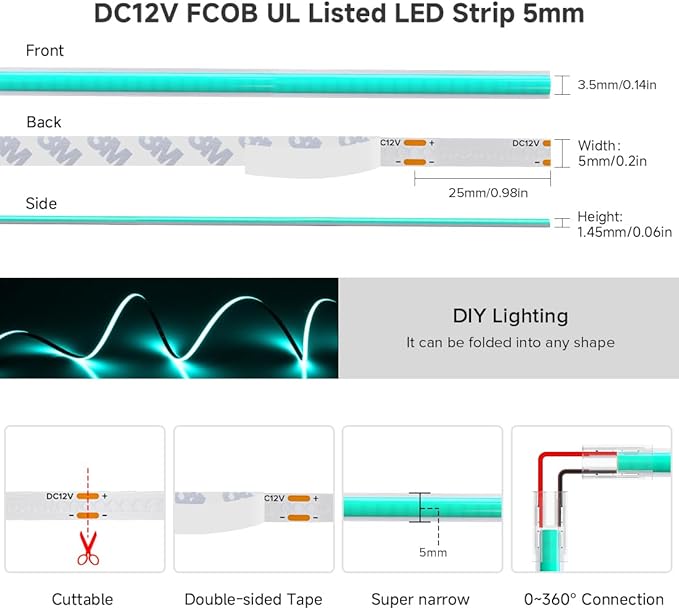 BTF-LIGHTING FCOB COB LED Strip Ice Blue 5mm Width UL Listed Super Narrow Flexible Uniform Light DC12V 16.4FT CRI 90+ Dimmable LED Ribbon for Bedroom Home Indoor Decor(No Adapter or Controller)
