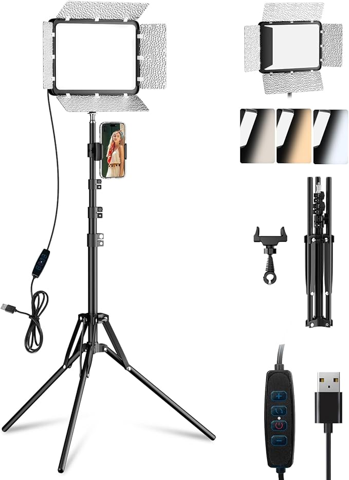 EMART LED Video Light Kit with Phone Holder & Barndoor, 2800-7000K Dimmable Studio Lights for Video Recording, 73'' Height for Live Streaming, YouTube, Vlog, Photography, Content, Podcast, 1-Pack